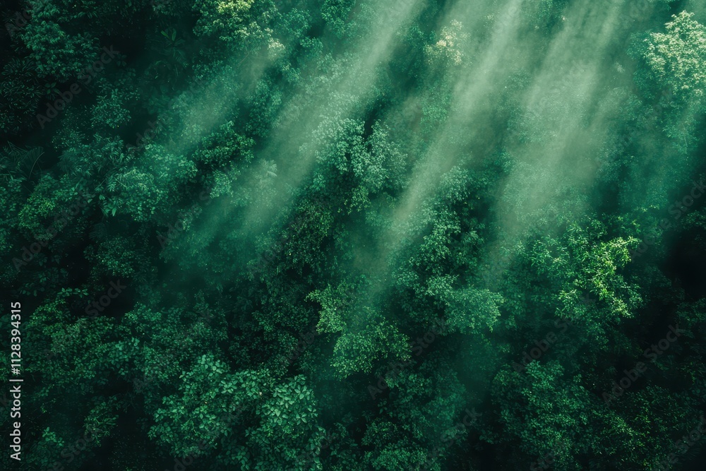 Obraz premium Aerial view of lush green forest, sunbeams cutting through mist. Perfect for illustrating nature, tranquility, or environmental themes.