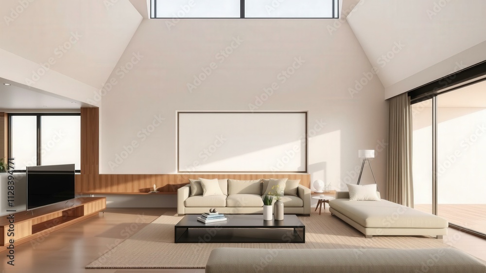 Modern Minimalist Living Room with High Ceiling and Natural Light - Ideal for Home Decor and Interior Design Inspiration Modern Minimalist Living Room with High Ceiling and Natural Light - Ideal for Home Decor and Interior Design Inspiration