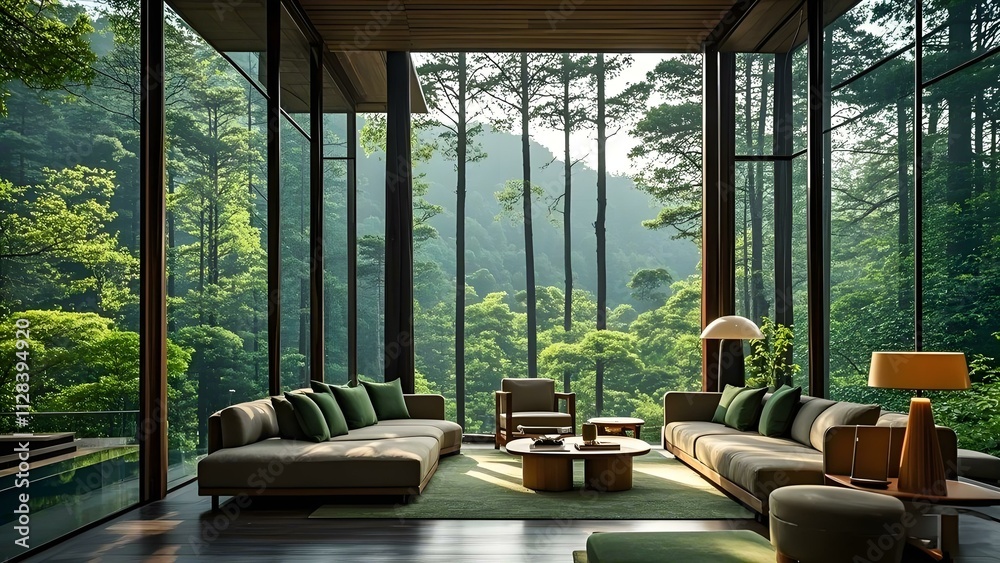 Fototapeta premium Elegant room with a large window showcasing a stunning forest view. Perfect for use as a background in design projects, advertisements, real estate promotions, or interior decor inspiration