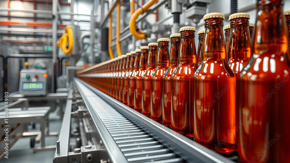 Rows of amber-colored beer bottles move along a conveyor belt in a busy brewery. Rows of amber-colored beer bottles move along a conveyor belt in a busy brewery.