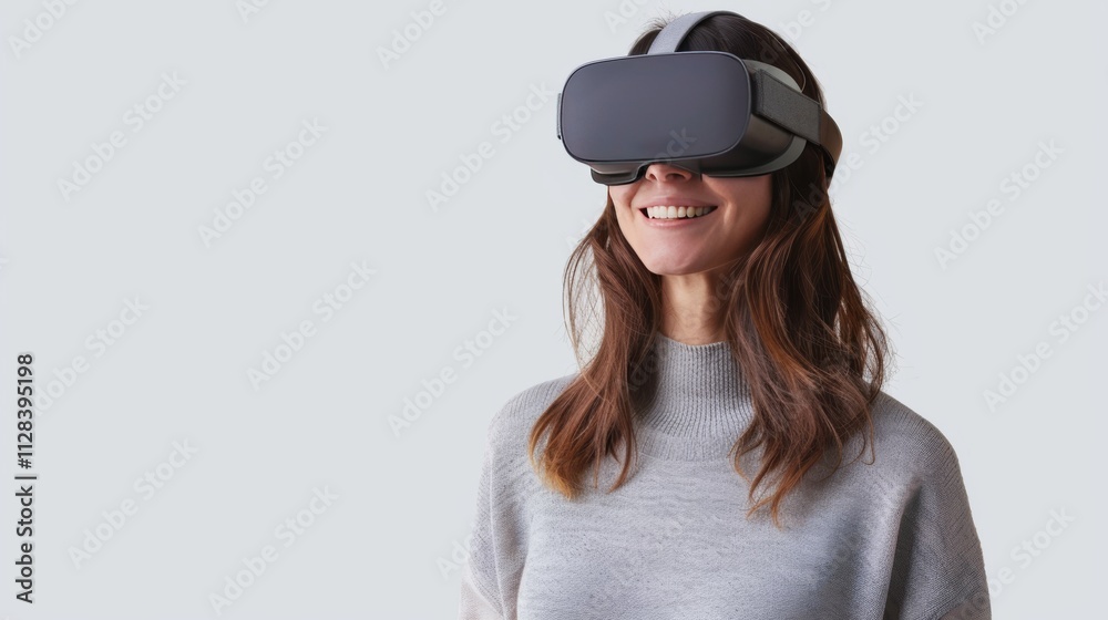 A young woman wearing opaque virtual reality goggles, smiling with a calm expression A young woman wearing opaque virtual reality goggles, smiling with a calm expression