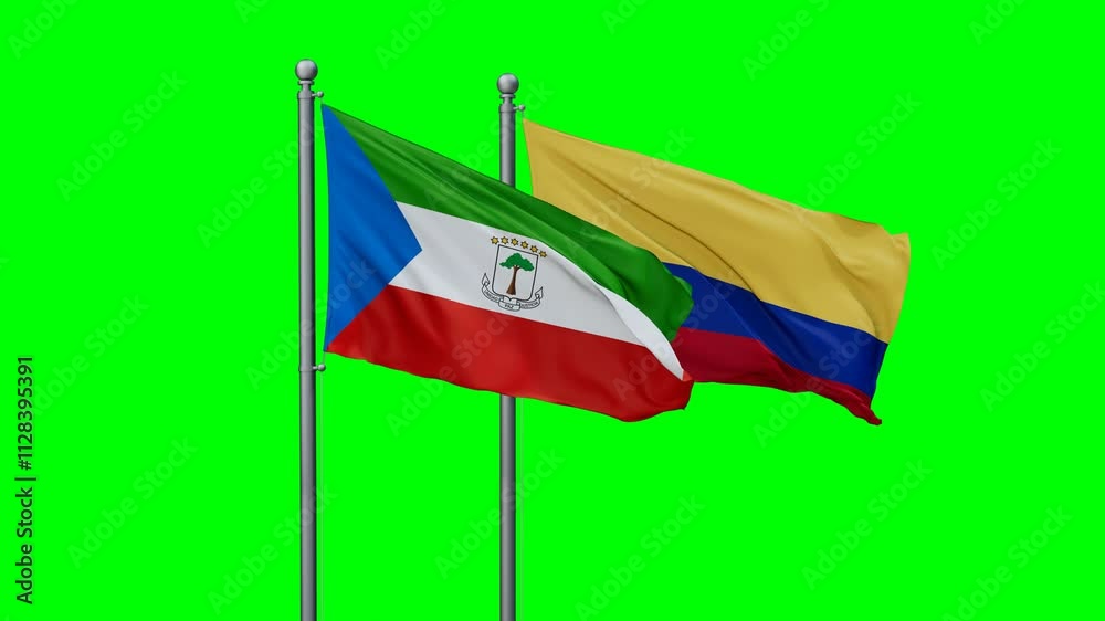 Colombia and Equatorial Guinea flags flying together, video concept of the relationship with colored chroma key for easy background remove, two country cooperation concept Colombia and Equatorial Guinea flags flying together, video concept of the relationship with colored chroma key for easy background remove, two country cooperation concept
