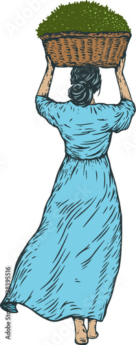 Woman holding basket with harvest on her head in hand draw style sketch isolated on clean background. Rear view. Color cartoon vector illustration.