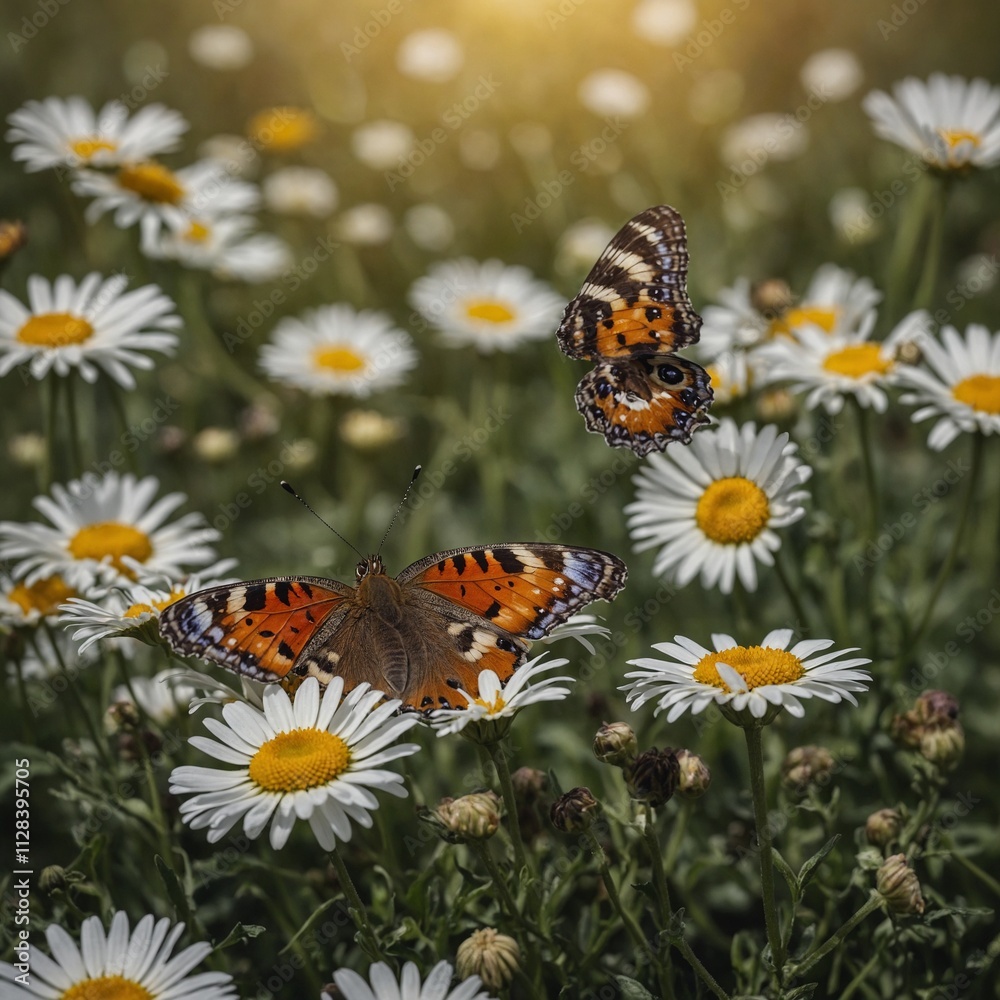 A butterfly hovering over a blooming flower in a vibrant field of daisies. A butterfly hovering over a blooming flower in a vibrant field of daisies.