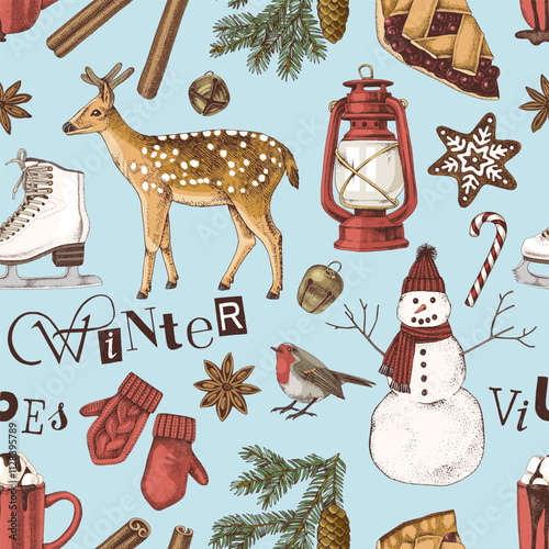 Winter vibes hand drawn seamless pattern