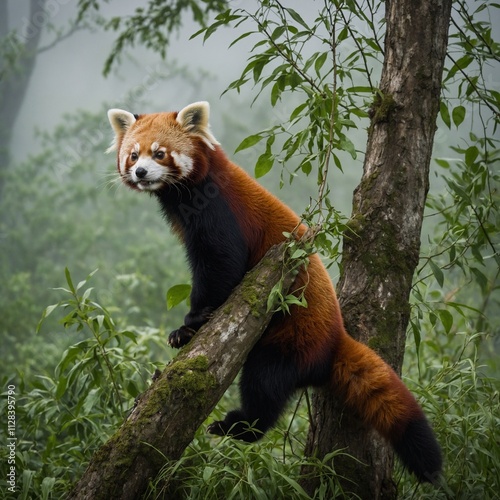 A red panda climbing a tree in a misty field with lush greenery.