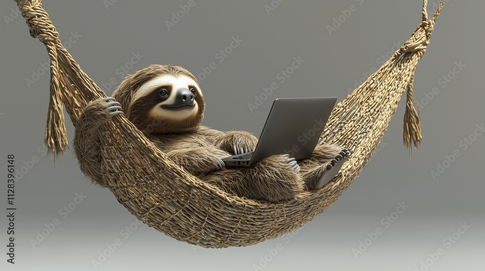 A sloth in a hammock using a laptop symbolizes relaxed work-life balance for digital nomads. A sloth in a hammock using a laptop symbolizes relaxed work-life balance for digital nomads.