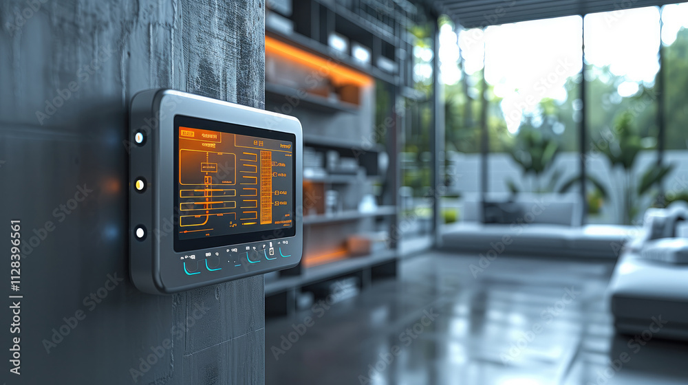 Visualization of a system controlling a HVAC system at house, digital dashboard overlay orange. Visualization of a system controlling a HVAC system at house, digital dashboard overlay orange.