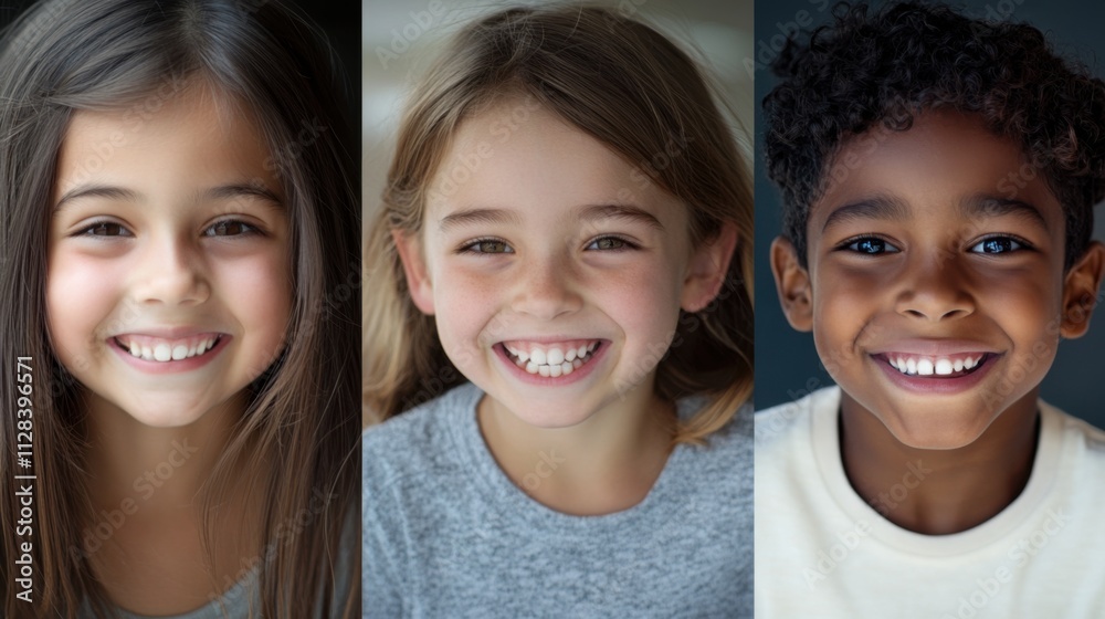 Closeup of three happy children, a Hispanic girl with a radiant smile and medium-length hair, a white boy with a playful grin and wavy hair Closeup of three happy children, a Hispanic girl with a radiant smile and medium-length hair, a white boy with a playful grin and wavy hair