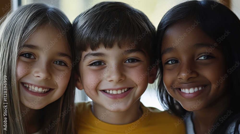 Closeup of three happy children, a South Asian girl with a cheerful expression and long hair, a white boy with a radiant grin and medium-length hair Closeup of three happy children, a South Asian girl with a cheerful expression and long hair, a white boy with a radiant grin and medium-length hair