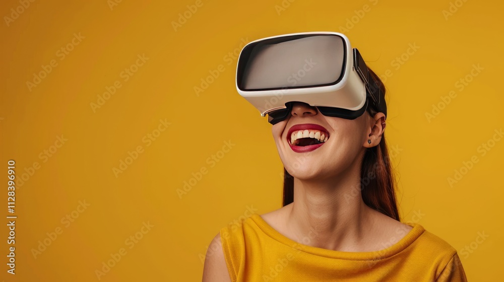 A young woman wearing opaque virtual reality goggles, looking up with a grin