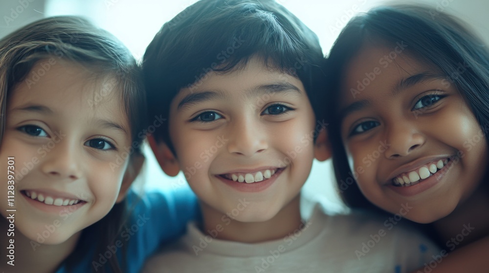 Closeup of three happy children, a South Asian girl with a cheerful expression and long hair, a white boy with a radiant grin and medium-length hair Closeup of three happy children, a South Asian girl with a cheerful expression and long hair, a white boy with a radiant grin and medium-length hair