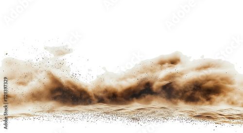 
sandstorm sand dust cloud flying small particles isolated in white background