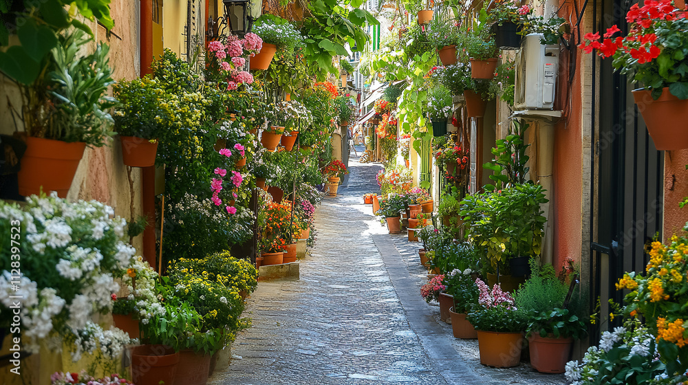 Naklejka premium Blooming alleyway lined with vibrant flowers in a picturesque town during sunny daytime. Generative AI