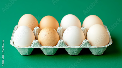 Freshly gathered eggs nestled in a carton against a vibrant green backdrop showcasing the beauty of natural produce photo