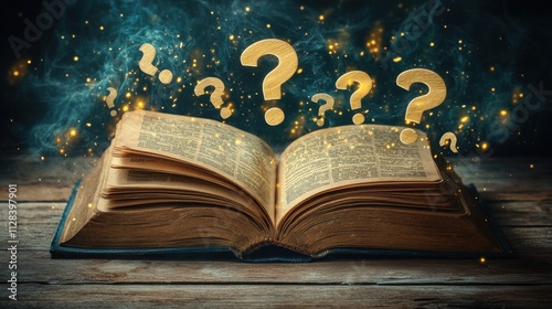 an open book with yellow question marks hovering over i