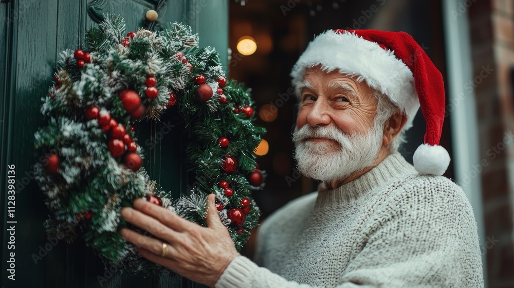 An elderly gray-haired man dressed in a cozy white sweater and a cheerful Santa hat happily decorates his door with a beautifully adorned Christmas wreath, spreading holiday cheer An elderly gray-haired man dressed in a cozy white sweater and a cheerful Santa hat happily decorates his door with a beautifully adorned Christmas wreath, spreading holiday cheer