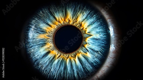 A close-up of an eye with a blue iris, the background is black and has a dark fantasy
