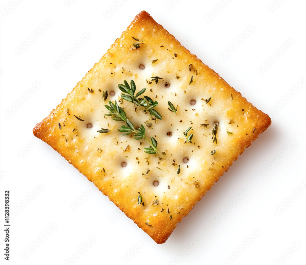 Delicious herbs sprinkled on a golden cracker against a serene white background, inviting a taste of gourmet indulgence and culinary creativity