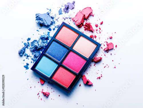 Vibrant eyeshadow palette with swatches in striking red and blue hues showcasing fine texture and bold colors against a minimalist backdrop photo