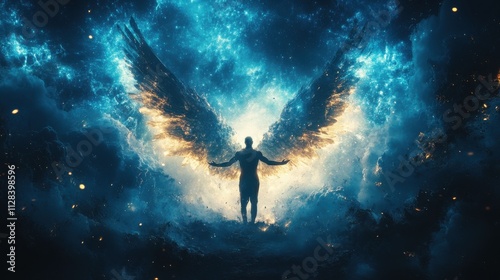 angel the messenger of god man spreading his arms under wings with a night sky background