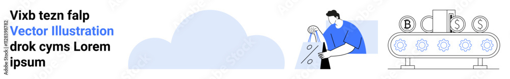 Person operating machine with financial symbols and settings with cloud backdrop on margin. Ideal for technology, automation, finance, cloud computing, productivity, innovation, futurism. Landing Person operating machine with financial symbols and settings with cloud backdrop on margin. Ideal for technology, automation, finance, cloud computing, productivity, innovation, futurism. Landing