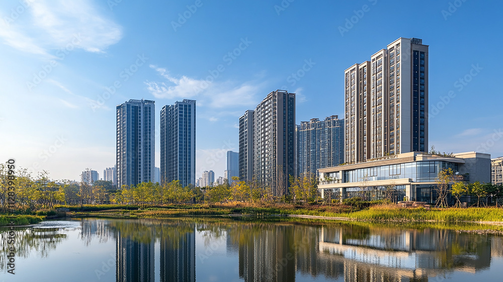 Naklejka premium abstract modern showcasing a vibrant cityscape with modern architecture, abstract modern construction of cityscape with buildings, modern interior architectural various building.