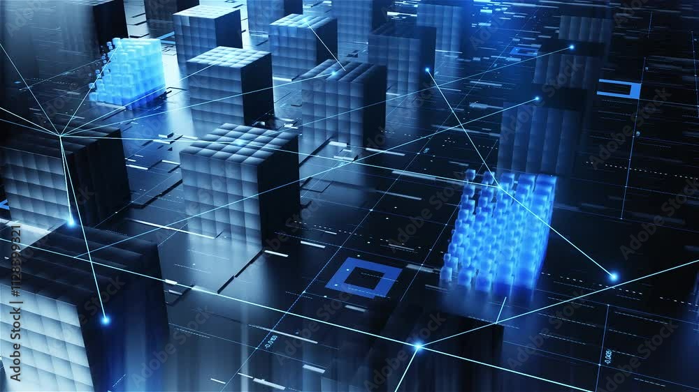 High-tech big data matrix, technology cube connection, digital technology corporate presentation.