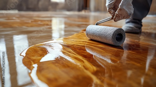 applying a wood floor lacquer a worker coats floors with a roller second layer of varnish lacquering applied with a paint roller on parquet flooring remodeled home floorin photo