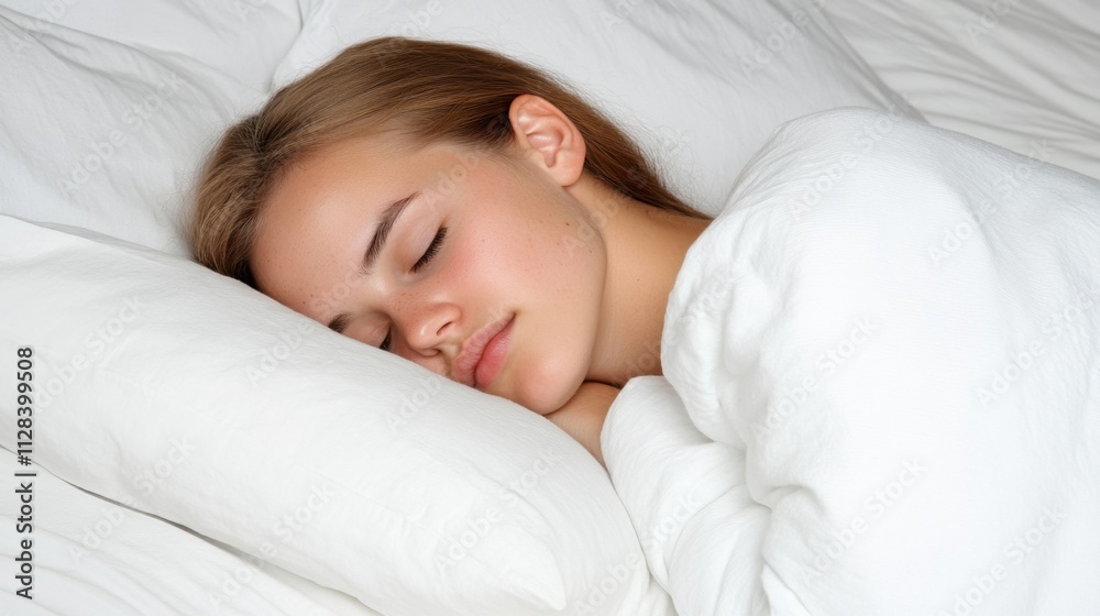 Young woman peacefully sleeping on a white bed with soft pillows and blanket Young woman peacefully sleeping on a white bed with soft pillows and blanket