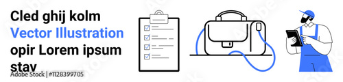 Technician holding a tablet, clipboard with checklist, laptop bag. Ideal for business presentations, work organization, project management, workplace efficiency, task tracking, technology services