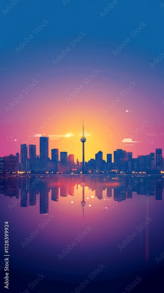 Fototapeta premium Colorful City Skyline Reflection at Sunset