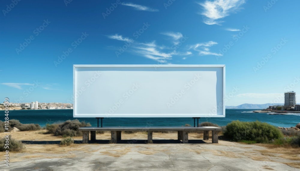 A large white billboard sits on a bench overlooking a body of water A large white billboard sits on a bench overlooking a body of water