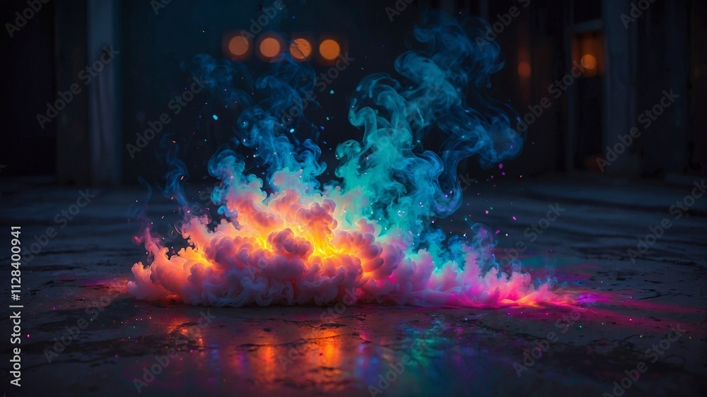 Enchanting mist of vibrant colors spreads on the ground with radiant, ethereal glow