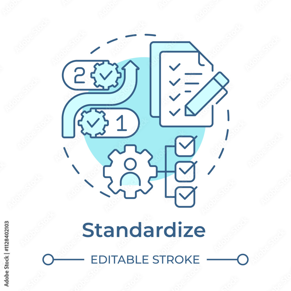 Standardize light blue concept icon. 5S methodology. Consistent procedures to maintain workplace organization. Round shape line illustration. Abstract idea. Graphic design. Easy to use in article Standardize light blue concept icon. 5S methodology. Consistent procedures to maintain workplace organization. Round shape line illustration. Abstract idea. Graphic design. Easy to use in article
