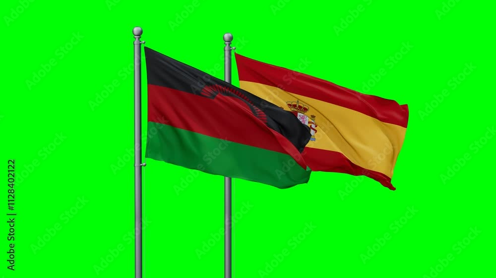Spain and Malawi flags flying together, video concept of the relationship with colored chroma key for easy background remove, two country cooperation concept Spain and Malawi flags flying together, video concept of the relationship with colored chroma key for easy background remove, two country cooperation concept