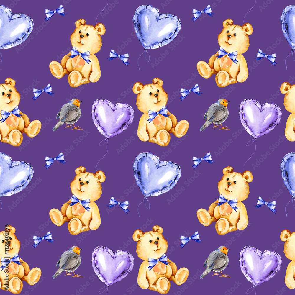 Obraz premium watercolor seamless pattern with cute red breasted bird, funny bear toy, blue and lilac foil air balloons in a heart shape, blue ribbon bow, hand drawn illustration for valentine's day, birthday party