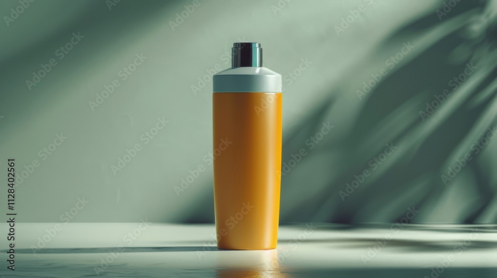 A bottle of lotion is sitting on a table in front of a green leafy plant A bottle of lotion is sitting on a table in front of a green leafy plant