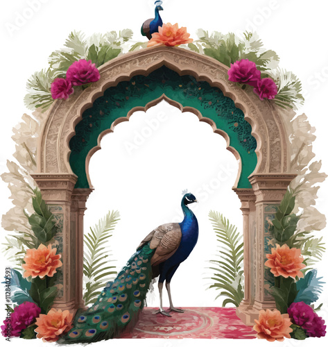 Best Elegant Wedding Invitation with Detailed Mughal Archway, Vibrant Flowers, and Fanned Peacock