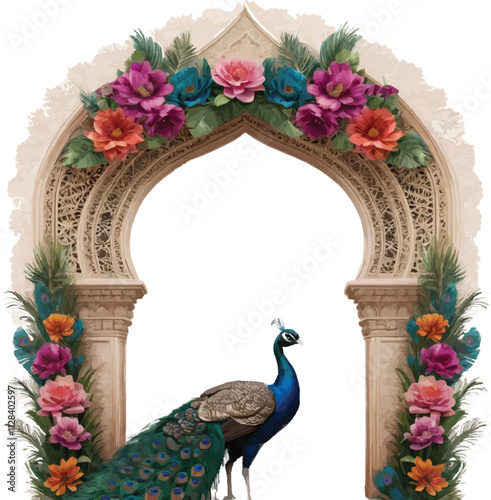 Best Elegant Wedding Invitation with Detailed Mughal Archway, Vibrant Flowers, and Fanned Peacock
