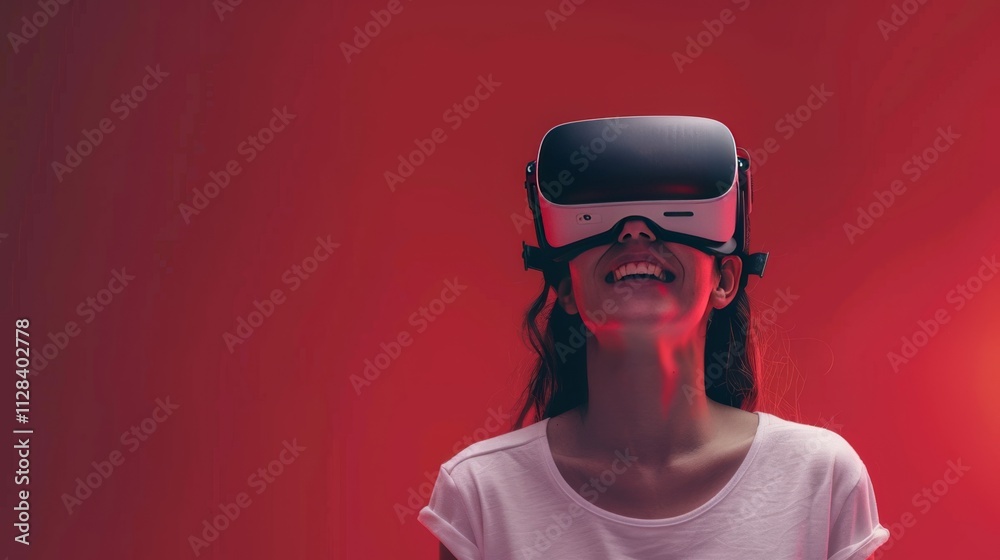 A young woman wearing opaque virtual reality goggles, raising her hands in surprise A young woman wearing opaque virtual reality goggles, raising her hands in surprise