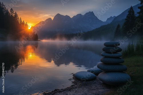 Tranquility at sunrise over the mountain lake with stacked stones by the shore photo