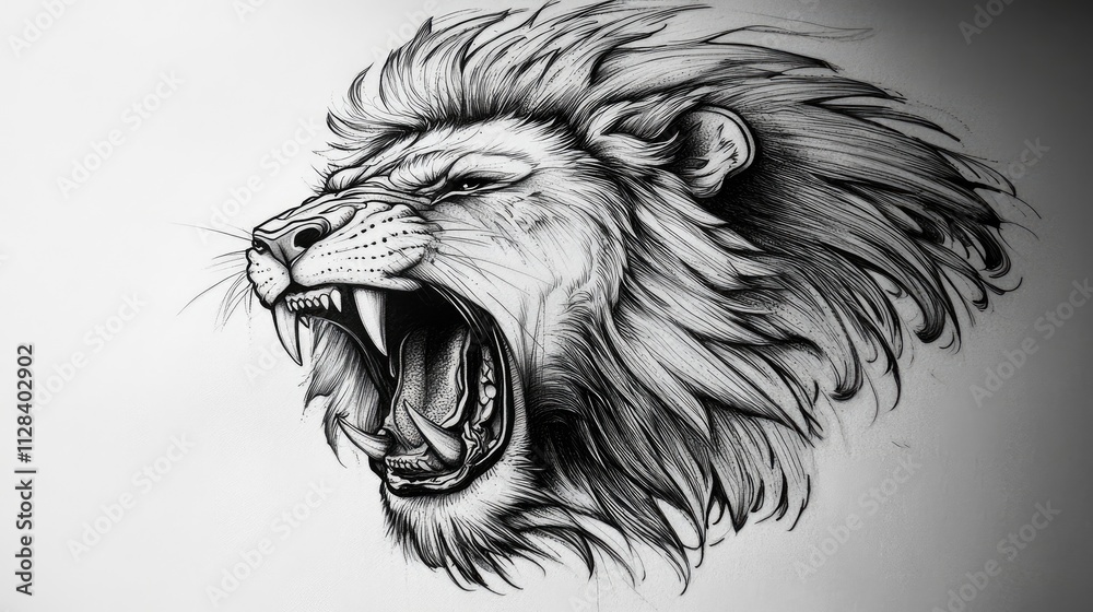 Obraz premium A stunning pen and ink drawing of a roaring lion, its mane rendered with intricate detail. The monochromatic palette creates a powerful image.