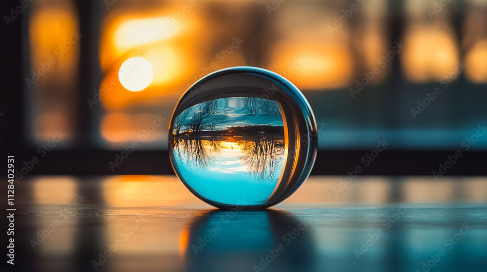 Reflection of a sunset captured through a glass orb placed on a table indoors. Generative AI Reflection of a sunset captured through a glass orb placed on a table indoors. Generative AI