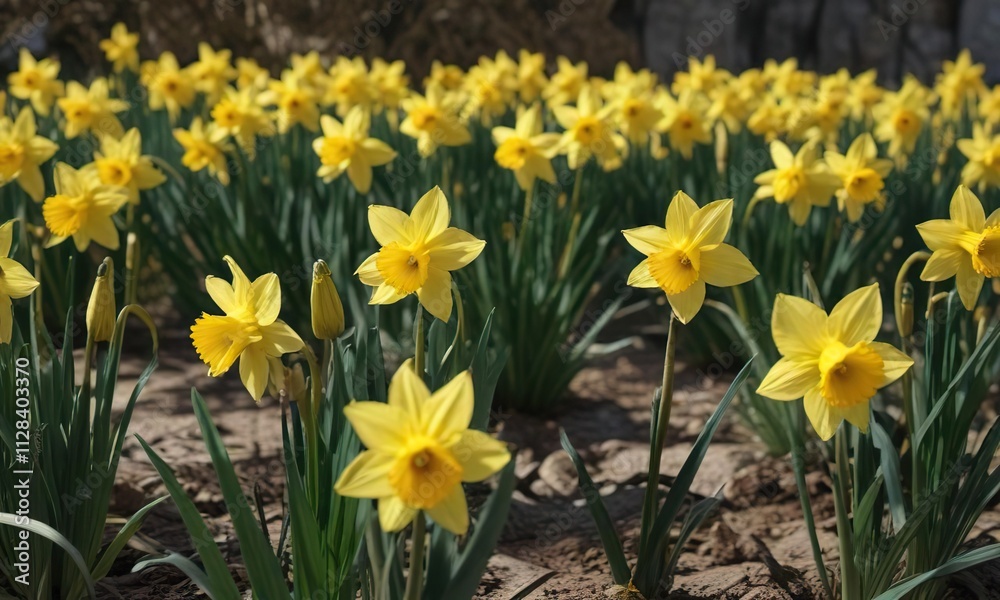 Daffodil flowers in full bloom with their bright yellow petals and slender stems , flowers, blooms, landscape Daffodil flowers in full bloom with their bright yellow petals and slender stems , flowers, blooms, landscape