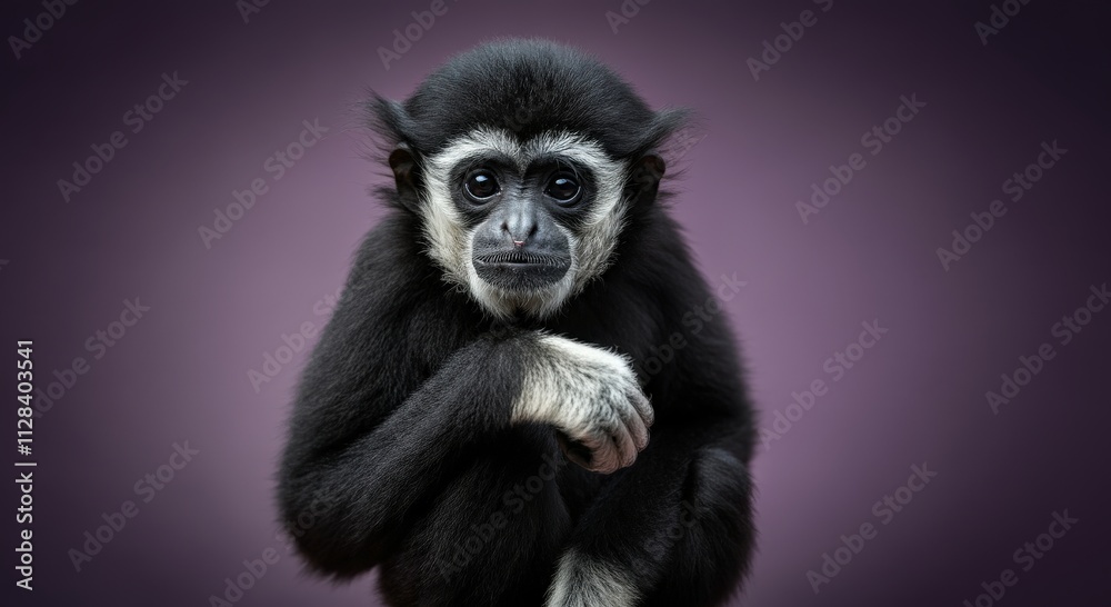 Curious young gibbon in thoughtful pose on purple background Curious young gibbon in thoughtful pose on purple background