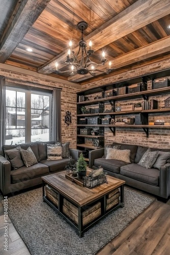 Rustic and Cozy Living Room with Wooden Beams and Shelves