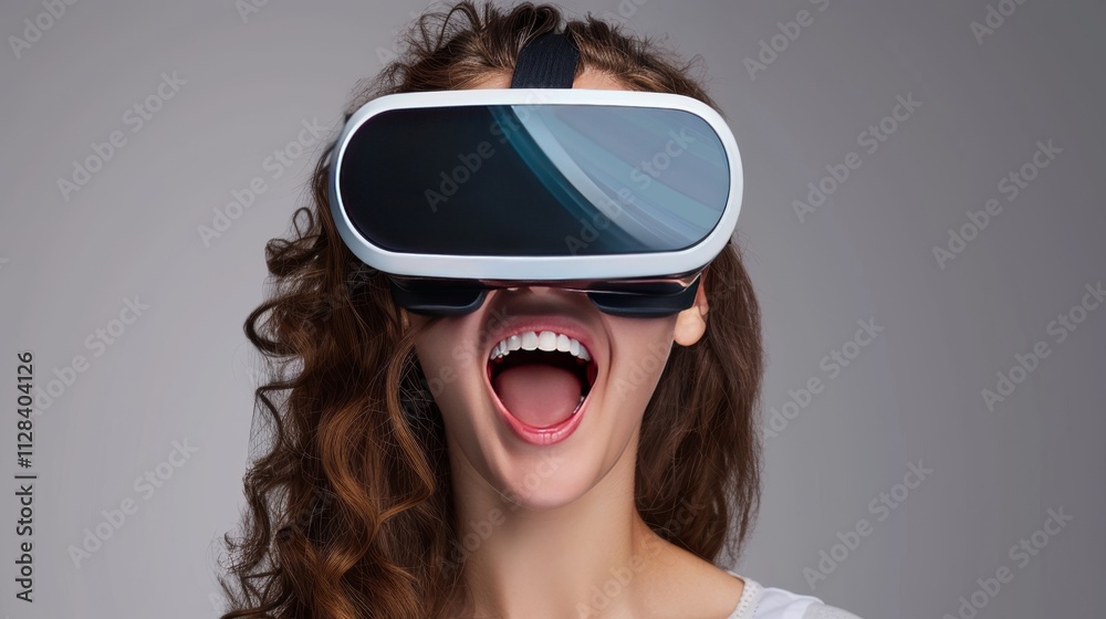 A young woman wearing opaque virtual reality goggles, smiling with joy A young woman wearing opaque virtual reality goggles, smiling with joy
