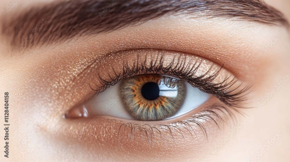Close-up of a woman's eye with natural-looking makeup. The warm, shimmering eyeshadow complements her hazel eyes and long lashes. Close-up of a woman's eye with natural-looking makeup. The warm, shimmering eyeshadow complements her hazel eyes and long lashes.