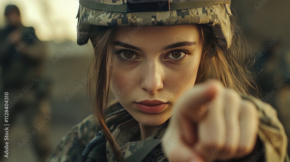 A young woman soldier, determined and focused, points directly at the camera. Her camouflage uniform and helmet contrast against the warm tones of the setting sun. A young woman soldier, determined and focused, points directly at the camera. Her camouflage uniform and helmet contrast against the warm tones of the setting sun.